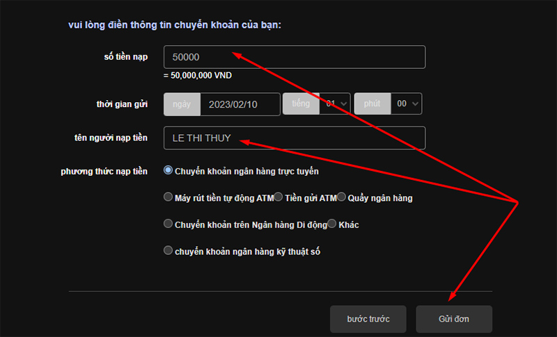 Nhập số tiền cần nạp và teen người chơi